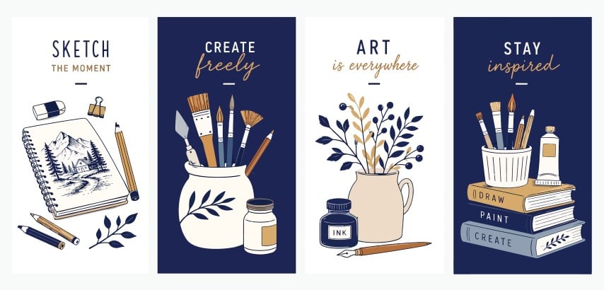 Set of four artistic stationery and creative tools illustrations.